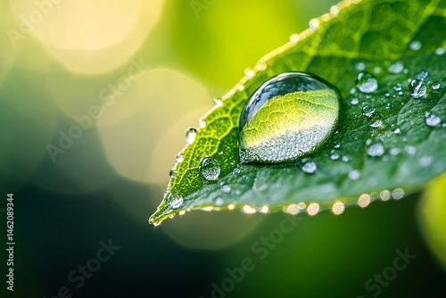 A close-up of a dewdrop on a green leaf, crystal-clear reflection