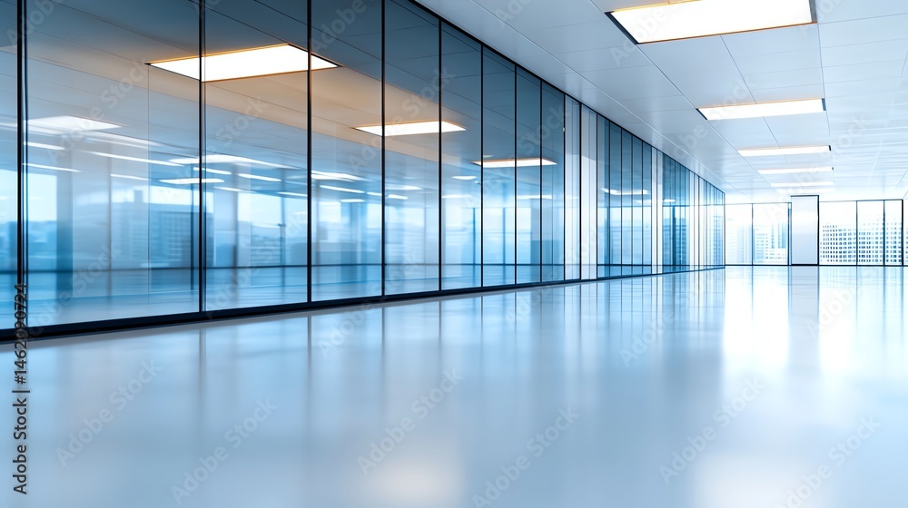 A spacious, modern office interior showcasing sleek design with large glass windows, bright lighting, and polished floors, perfect for fostering creativity and collaboration.