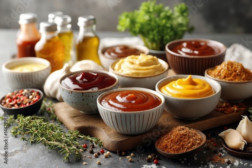 A variety of sauces and condiments on a wooden board
