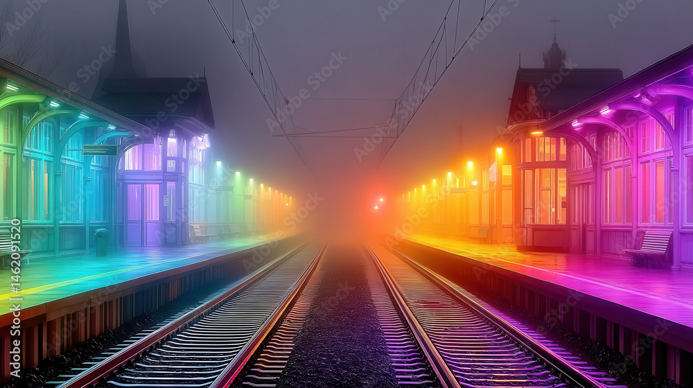 Naklejka premium Subway station with intelligent advertisements responding to human emotions in a vibrant neon atmosphere