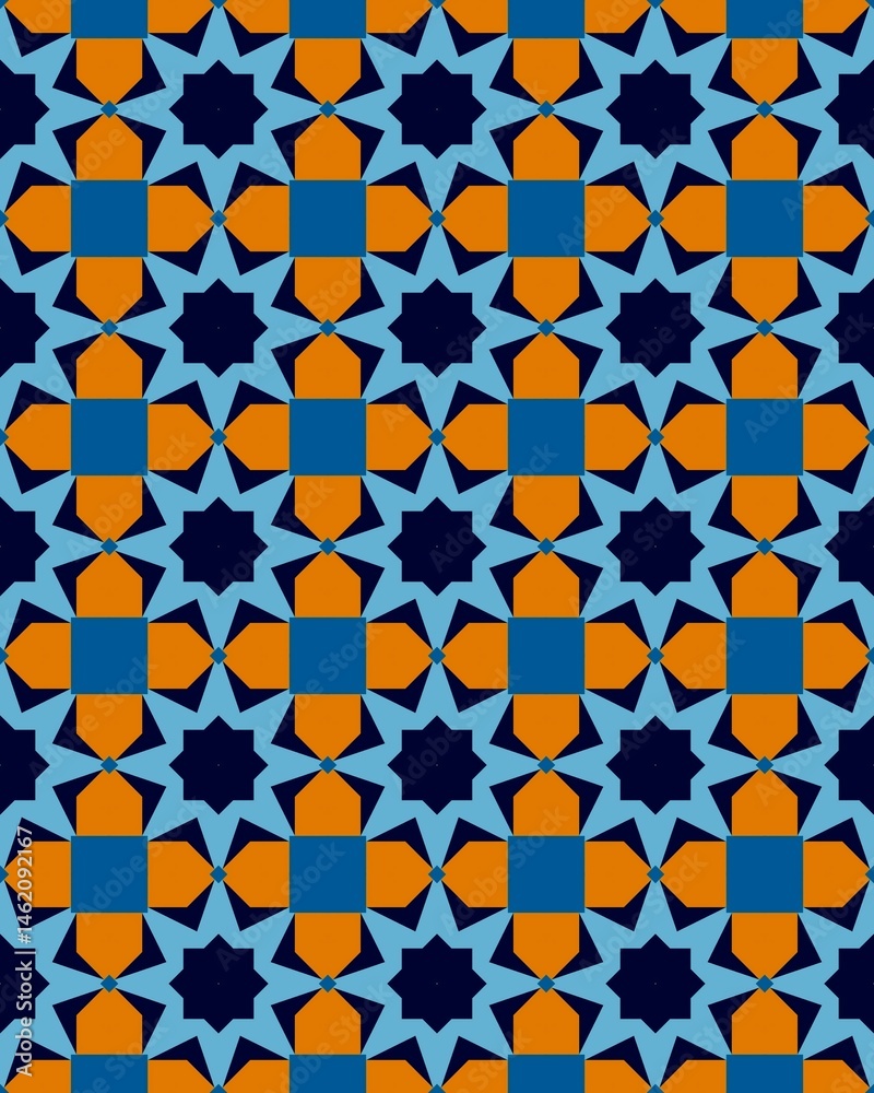 Colorful geometric shapes create a captivating pattern with orange and blue stars on a deep navy background, ideal for decorative use Colorful geometric shapes create a captivating pattern with orange and blue stars on a deep navy background, ideal for decorative use