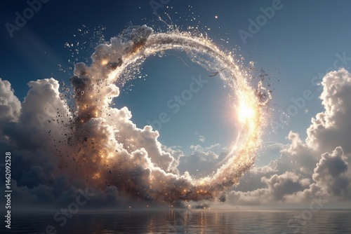 A circle of water splashing out of the sky over the ocean