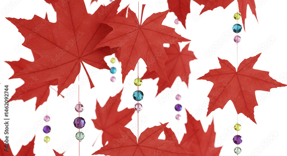 Fototapeta premium Vibrant Autumn Maple Leaf Garland with Colorful Crystal Beads Fall Decoration