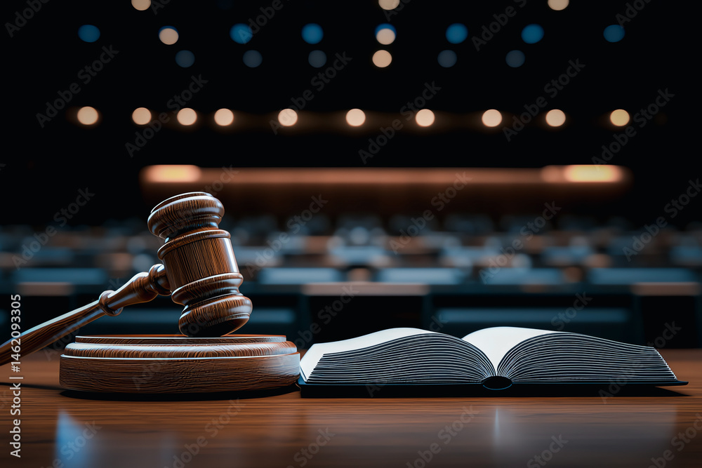 wooden gavel and open book rest on table in dimly lit courtroom, symbolizing justice and law. blurred background of empty seats adds solemn atmosphere