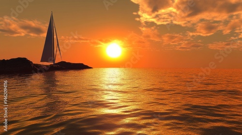 Golden Sunset Sailboat Serenity: A picturesque sunset scene featuring a sailboat gently resting near a rocky shore, the sun casting a warm golden hue across the tranquil ocean waters.