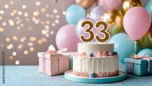 ThirtyThree Birthday Cake Celebration with Balloons and Gifts