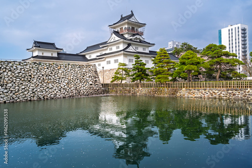 The former Toyama Castle and blossoms bloom over the ramparts and the moat, Toyama Castle Park is popular landmark tourist toyama city, Japan.
