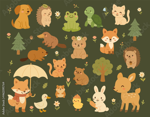 Set of flat vector illustrations. Forest animals, bear fox hare deer hedgehog turtle. hamster dog cat cute kawaii baby design for print paper clothe book. Simple Elements isolated vector, children