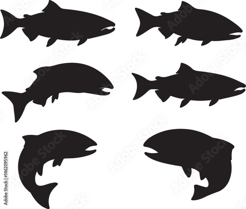 set of salmon fishes silhouette icon design vector art illustration 