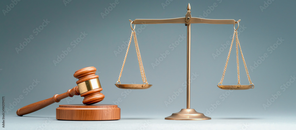 wooden gavel and golden scales of justice are displayed on smooth surface, symbolizing law and fairness. gavel rests on wooden base, while scales balance delicately