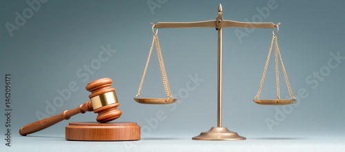 Obraz na płótnie wooden gavel and golden scales of justice are displayed on smooth surface, symbolizing law and fairness. gavel rests on wooden base, while scales balance delicately w salonie