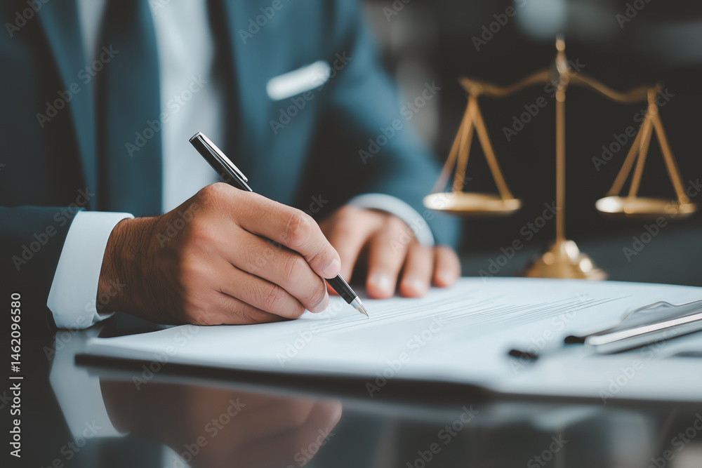 businessman in suit is writing contract with pen, symbolizing legal and financial commitment. scale of justice is visible in background, representing fairness and law