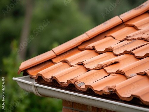 Damaged terracotta roof tiles