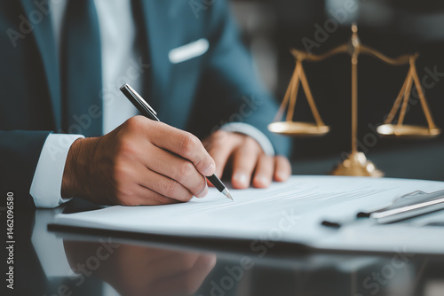 Obraz na płótnie businessman in suit is writing contract with pen, symbolizing legal and financial commitment. scale of justice is visible in background, representing fairness and law w salonie