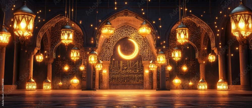 Fototapeta premium Illuminated mosque interior with crescent moon and lanterns.