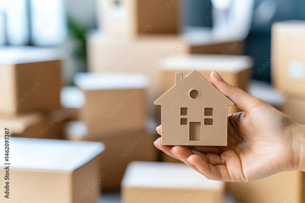 close up of woman hand holding small house model in room filled with cardboard boxes, symbolizing moving into new home and excitement of new beginnings