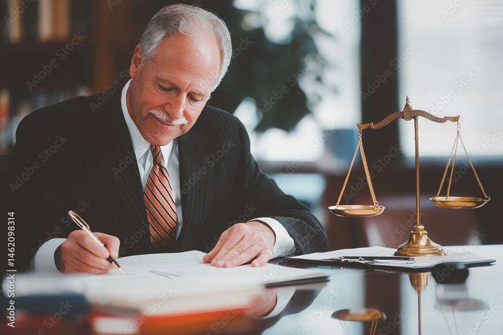 man in suit is writing on paper with pen, sitting at desk with scale of justice nearby, conveying sense of professionalism and focus