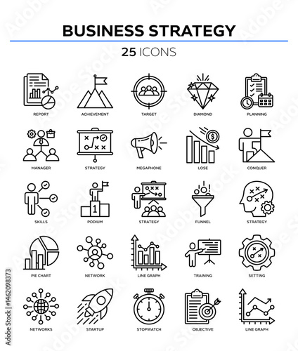 Business strategy icon collection set. Containing business, planning, strategy, strategic plan, brainstorming, analysis, statistics icon. Simple line vector.