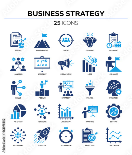 Business strategy icon collection set. Containing business, planning, strategy, strategic plan, brainstorming, analysis, statistics icon. Simple color fill vector.