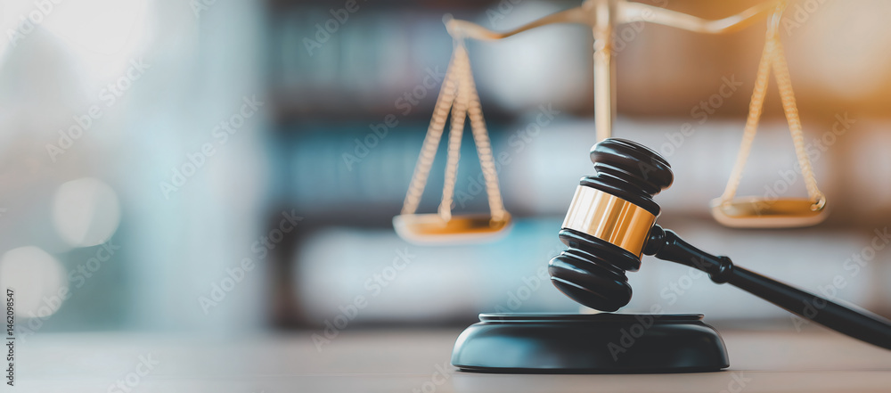 gavel and golden scales of justice rest on wooden table, symbolizing law and fairness. background is softly blurred, creating professional and authoritative atmosphere