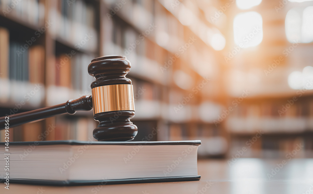 gavel rests on book in library, symbolizing justice and law. warm lighting creates serene atmosphere, highlighting importance of legal knowledge and decision making