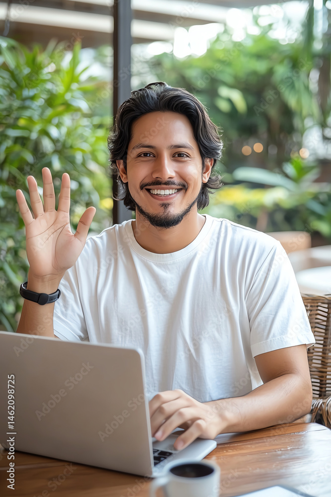 Happy, handsome, Indian man in casual attire using laptop, smiling and waving in bright, green indoor setting. atmosphere is friendly and inviting, perfect for remote work or casual meetings