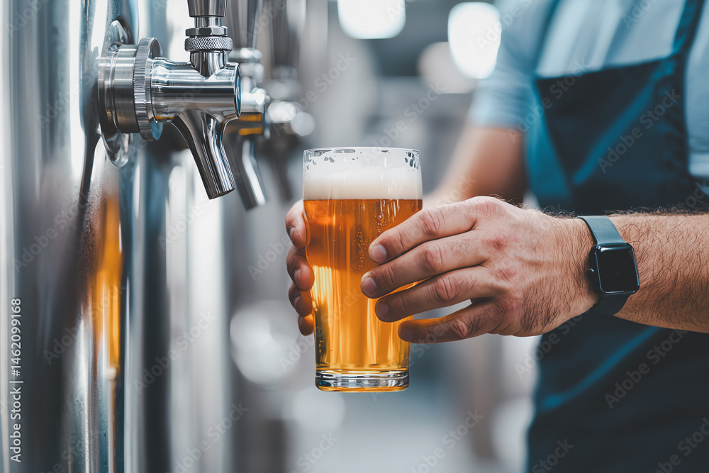 person in blue apron pours glass of beer from tap, wearing smartwatch on their wrist. scene is set in brewery with stainless steel equipment