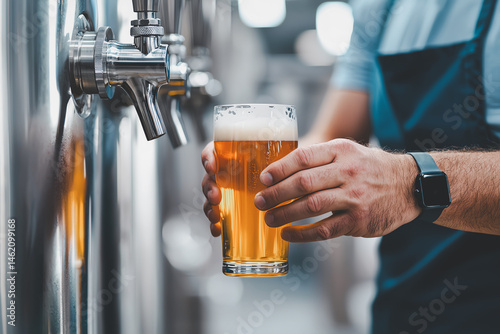 Obraz na płótnie person in blue apron pours glass of beer from tap, wearing smartwatch on their wrist. scene is set in brewery with stainless steel equipment w salonie