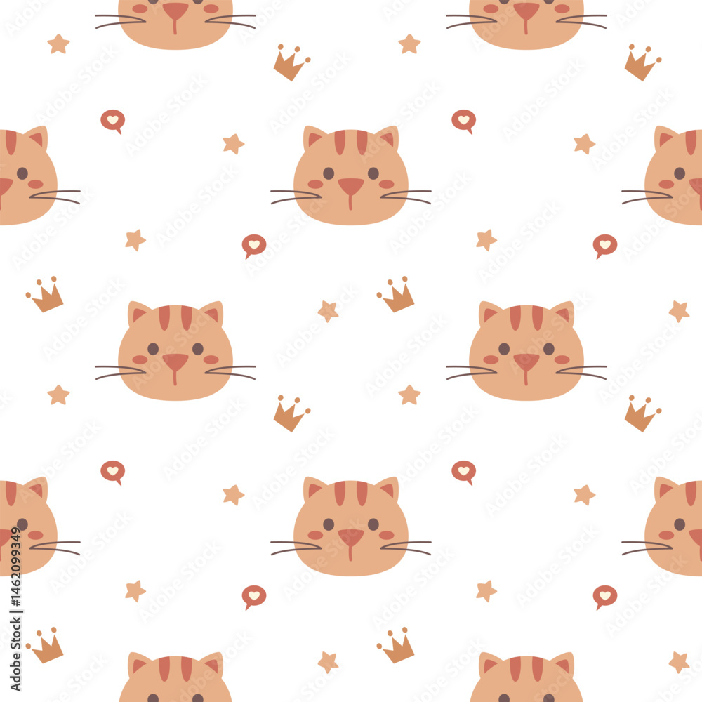 custom made wallpaper toronto digitalFace cat cartoon so cute. On heart star crown white background. Pattern seamless vector illustration.
