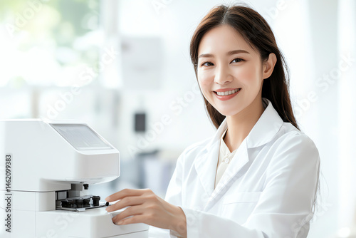 smiling female doctor in white lab coat is operating medical device in bright, modern clinic. Her friendly demeanor conveys professionalism and care, creating welcoming atmosphere for patients