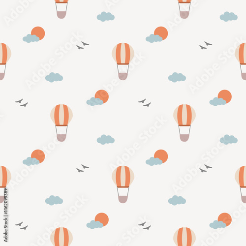 Hot air balloon orange cartoon so cute. On cloud sun bird background. Pattern seamless vector illustration. 