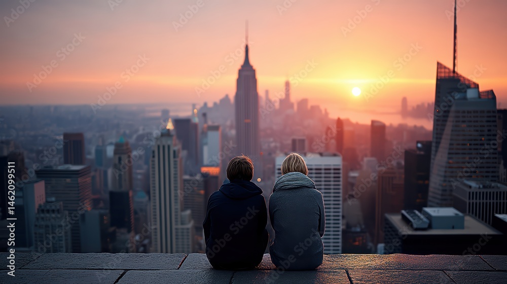 Obraz premium Two people sit together overlooking a city skyline at sunset, with skyscrapers and a glowing sky in the background.