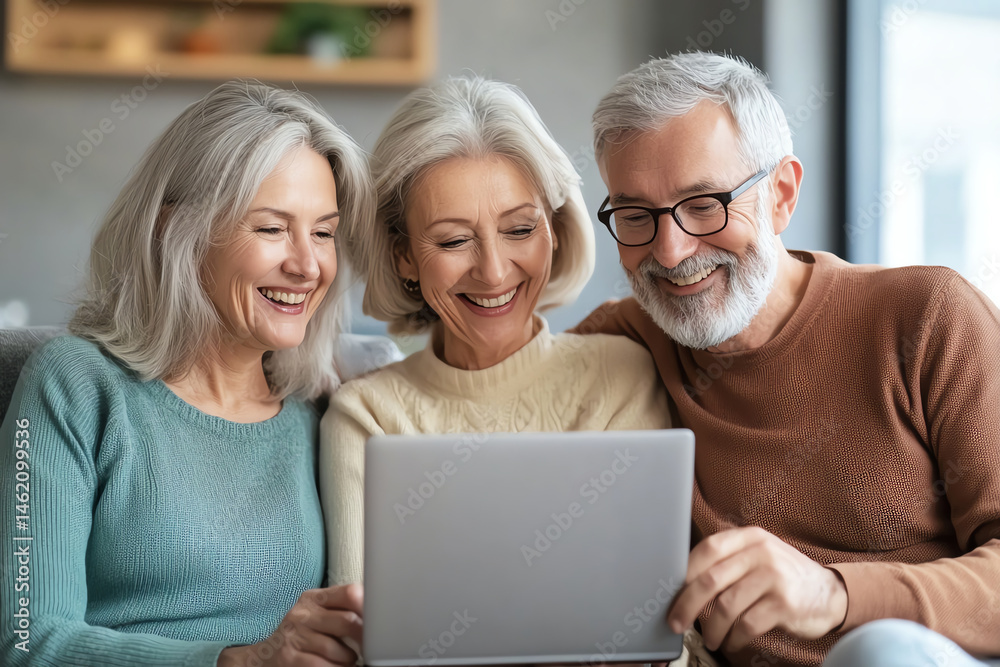 happy middle aged couple and friend are sitting together on couch, enjoying moment while looking at laptop. Their expressions show joy and connection, highlighting warmth of friendship