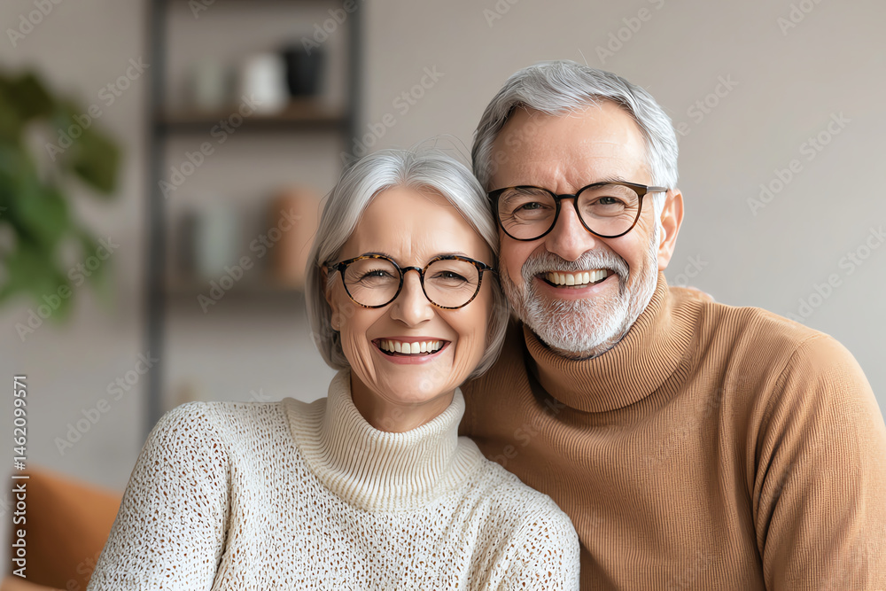 joyful senior couple smiling and embracing each other, showcasing their love and happiness in cozy indoor setting. Their warm expressions reflect deep bond and contentment