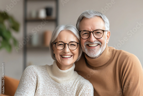 Obraz na płótnie joyful senior couple smiling and embracing each other, showcasing their love and happiness in cozy indoor setting. Their warm expressions reflect deep bond and contentment w salonie