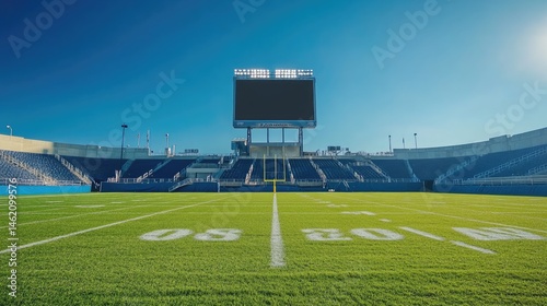 Empty football stadium with scoreboard under a bright blue sky.