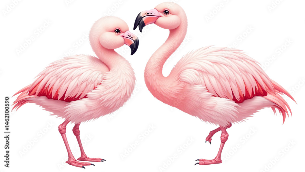 Fototapeta premium Two pink flamingos standing face to face, vibrant feathers, playful interaction, social media friendly, isolated on white background for marketing campaigns, advertising, and branding materials
