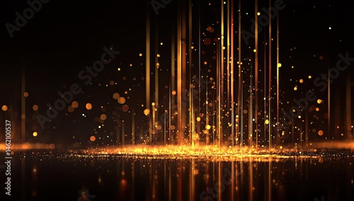 Golden particles raining down on a dark surface, reflecting light.  Abstract, digital art style.  Particles create vertical streaks and a shimmering effect