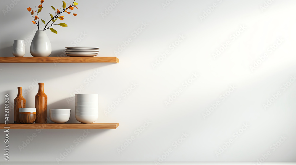 Modern minimalist kitchen interior with open shelves displaying decorative vases and bowls. warm wooden shelves contrast beautifully with white wall, creating serene atmosphere