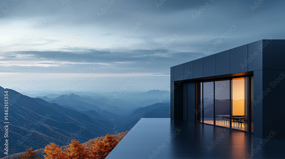 Modern mountain view with sleek architecture and sunset glow. expansive landscape features rolling hills and serene atmosphere, perfect for relaxation and inspiration