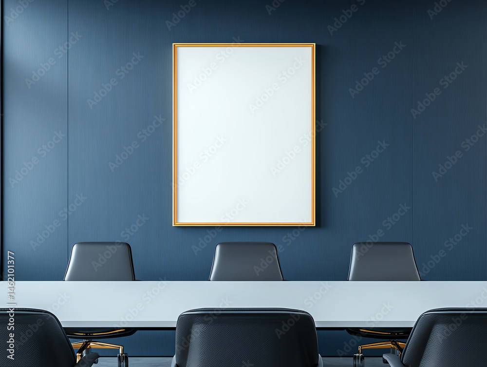 Modern office interior with empty framed mockup on blue wall. Stylish chairs and table create professional atmosphere, ideal for meetings and presentations