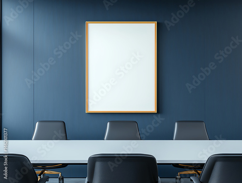 Obraz na płótnie Modern office interior with empty framed mockup on blue wall. Stylish chairs and table create professional atmosphere, ideal for meetings and presentations w salonie