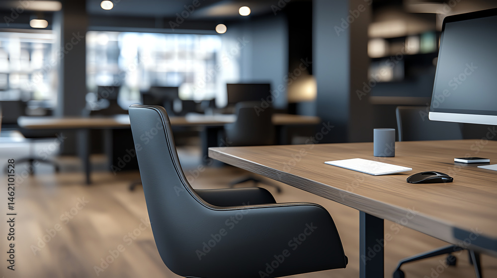 Modern office interior with open space design, featuring wooden desks, ergonomic chairs, and sleek computer setup. atmosphere is bright and inviting, perfect for productivity