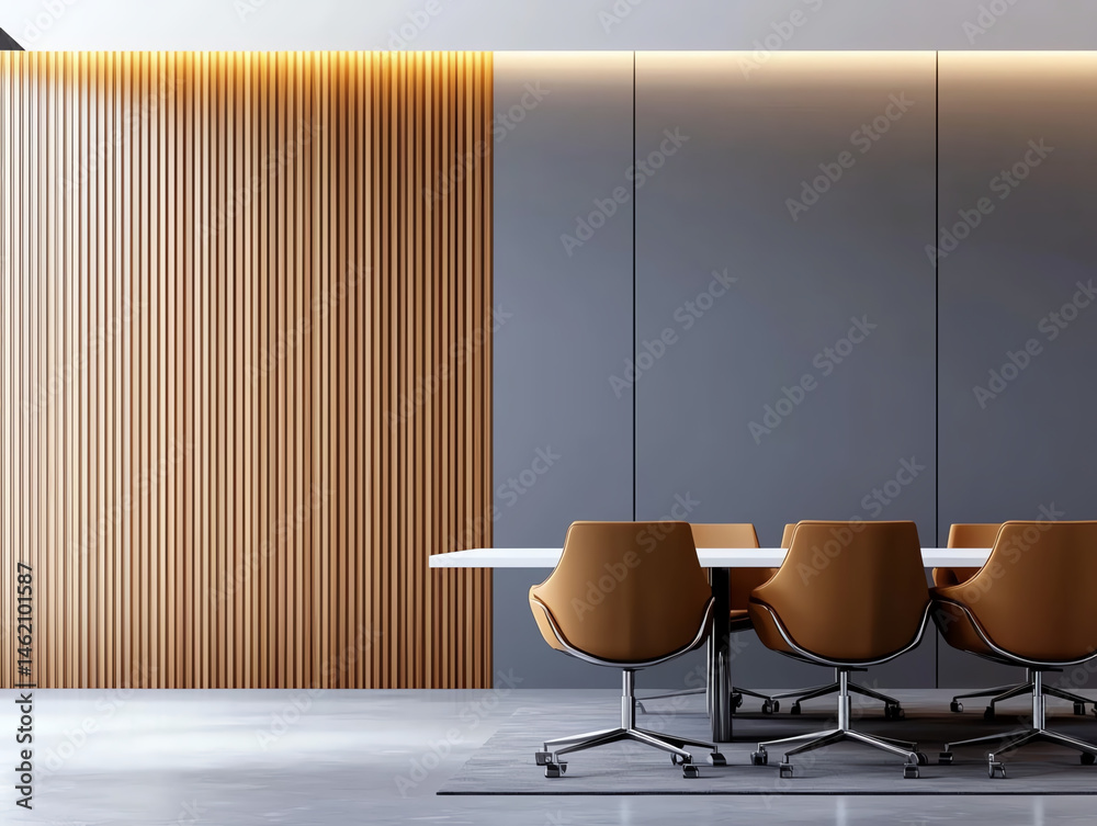 Modern office meeting room with large white table and brown chairs, featuring stylish wooden wall. design creates professional and inviting atmosphere