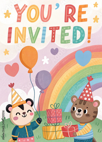 Cheerful Party Invitation with Balloon-Holding Cartoon Animals