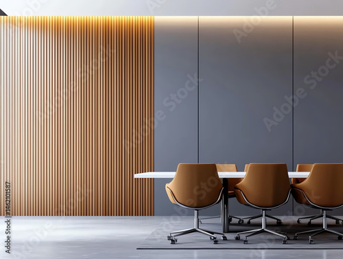 Obraz na płótnie Modern office meeting room with large white table and brown chairs, featuring stylish wooden wall. design creates professional and inviting atmosphere w salonie