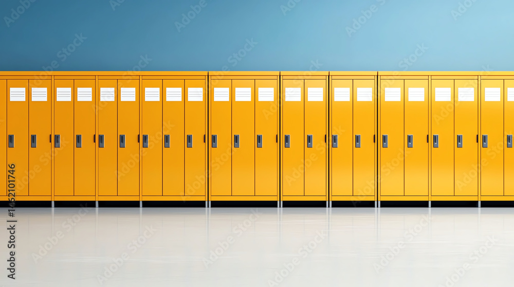 Row of yellow school lockers with closed doors against blue wall, creating vibrant and organized atmosphere. Ideal for educational settings or school related themes
