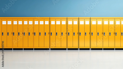 Obraz na płótnie Row of yellow school lockers with closed doors against blue wall, creating vibrant and organized atmosphere. Ideal for educational settings or school related themes w salonie