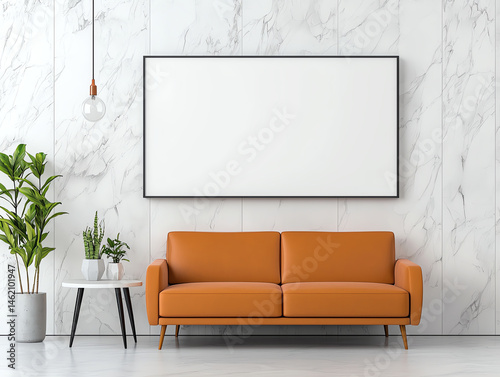 Modern interior with brown leather couch, white wall, and plants