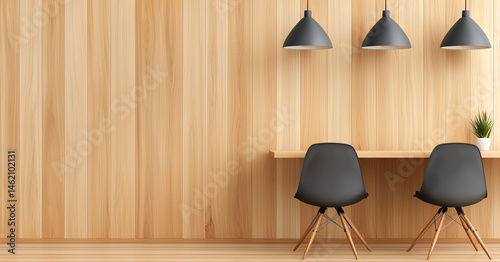 Modern wooden office interior with two black chairs and pendant lights. warm wood tones create cozy atmosphere, perfect for productivity and creativity